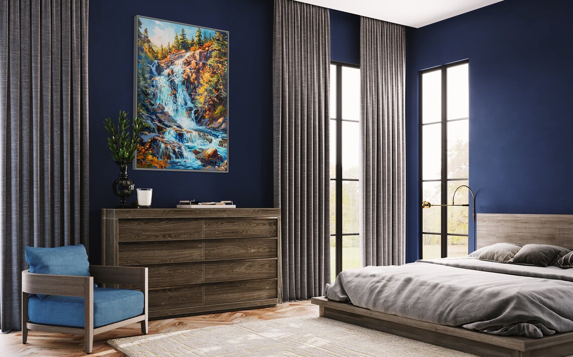 Forest Waterfall Rustic Pine Tree Art With Waterfall Decor Mountain Painting Print In Modern Impressionism Style For Home Decore - Image 2