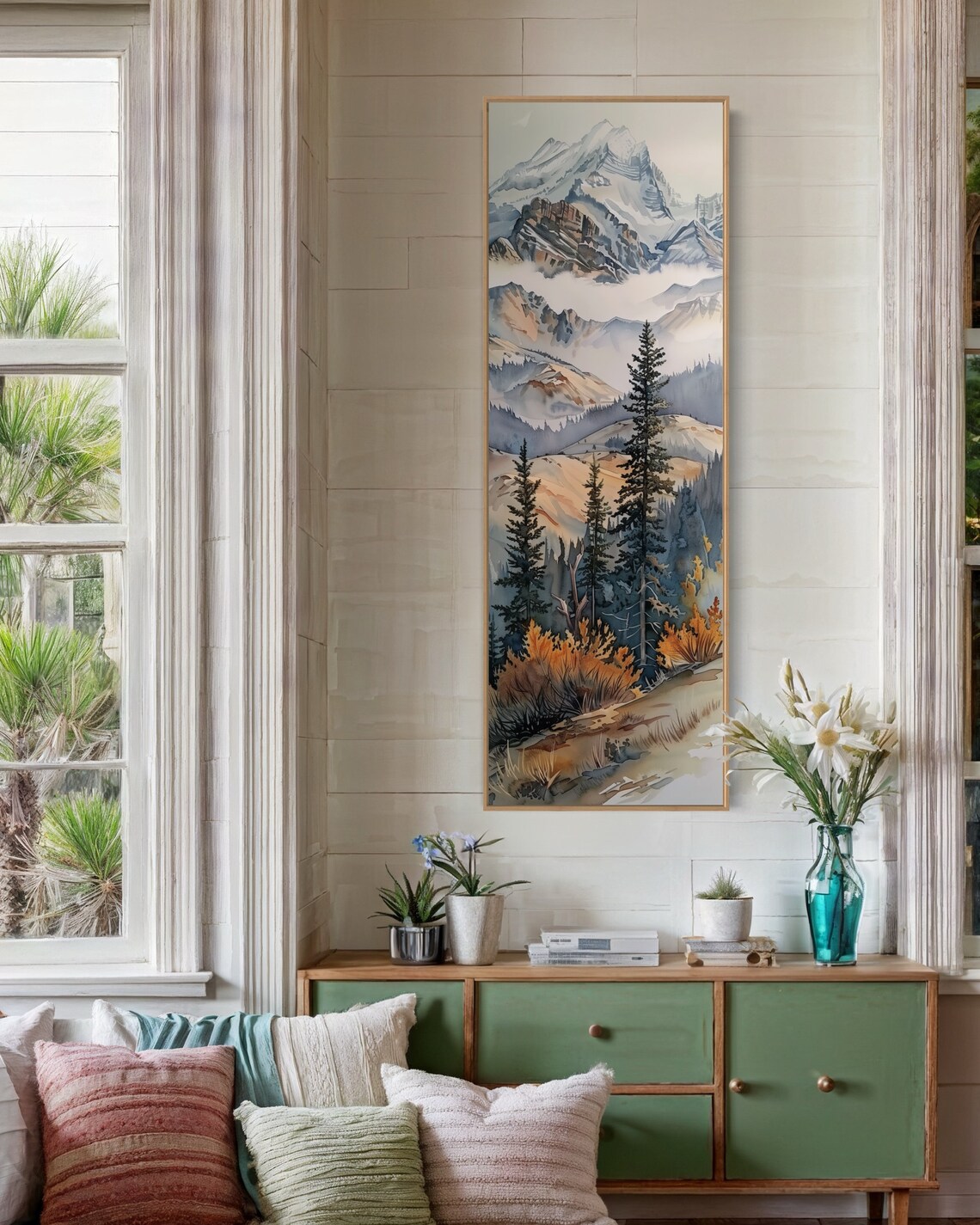 Misty Pine Forest Long Narrow Wall Art Calming Wilderness Painting Print For Atmospheric Mountain Decor - Image 2