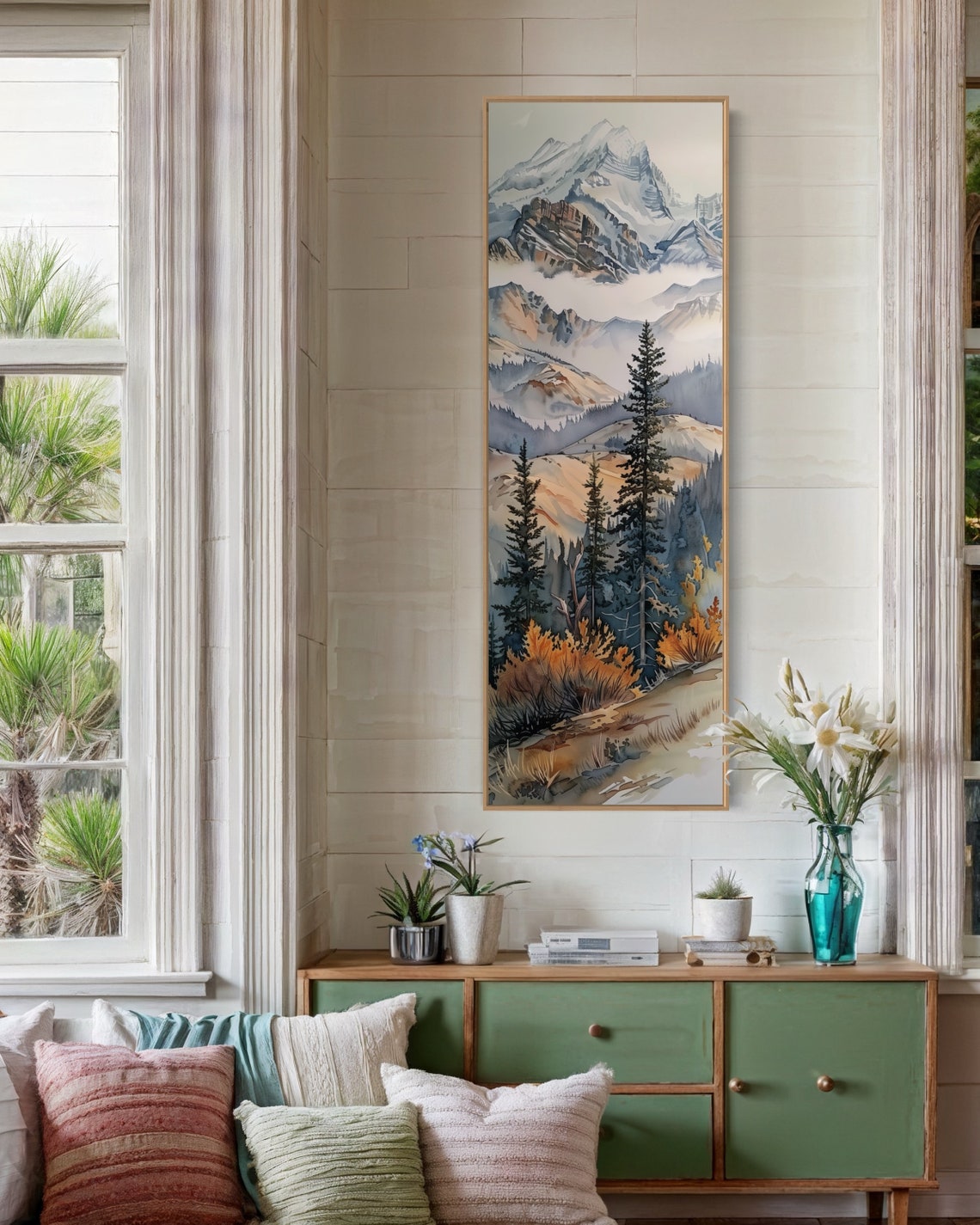 Misty Snowy Mountain Peaks Pine Forest Autumn Vertical Wall Art - Image 2