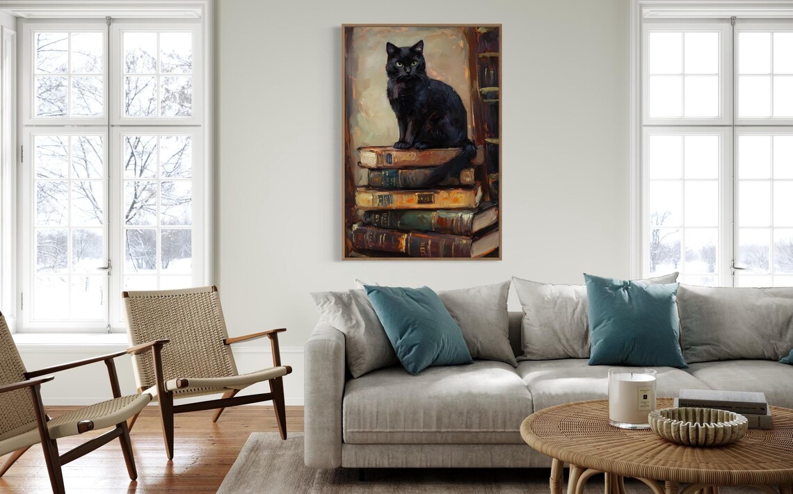 Black Cat and Books, Vintage Dark Academia Art Print - Image 4