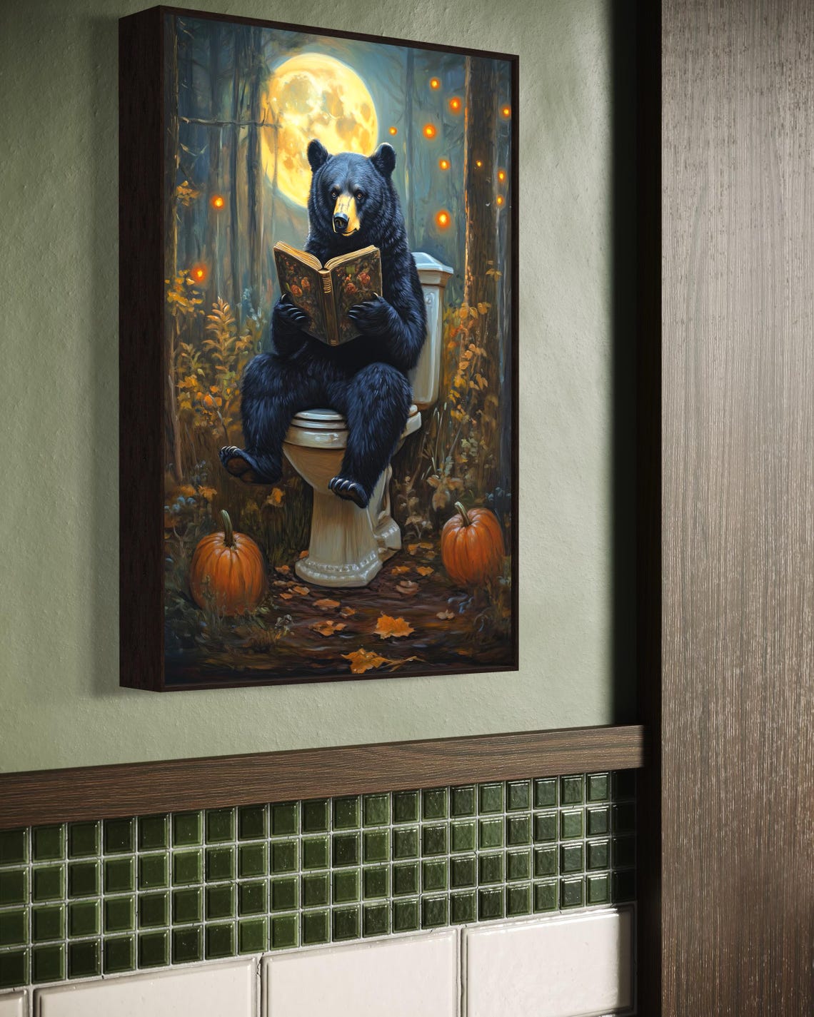 Whimsical Black Bear Reading Book On Toilet Moonlit Forest Funny Print - Image 3