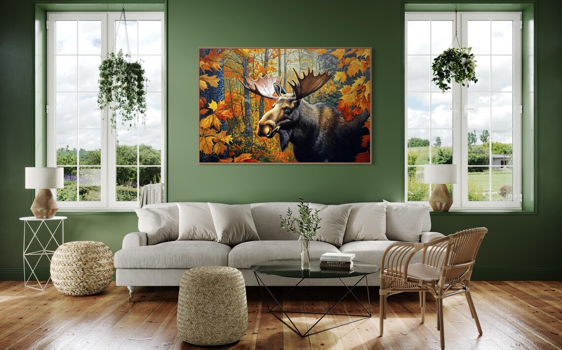 Moose Portrait Autumn Forest Realistic Bull Wildlife Painting Art Wall Poster - Image 4