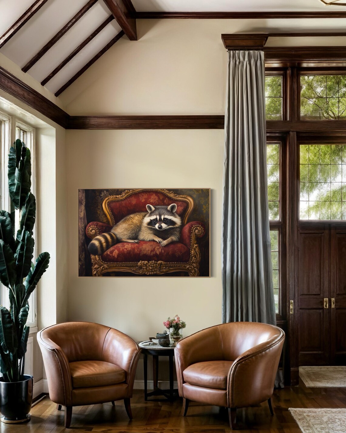 Whimsical Raccoon Lounging Red Baroque Velvet Chair Cute Animal Wall Poster - Image 2