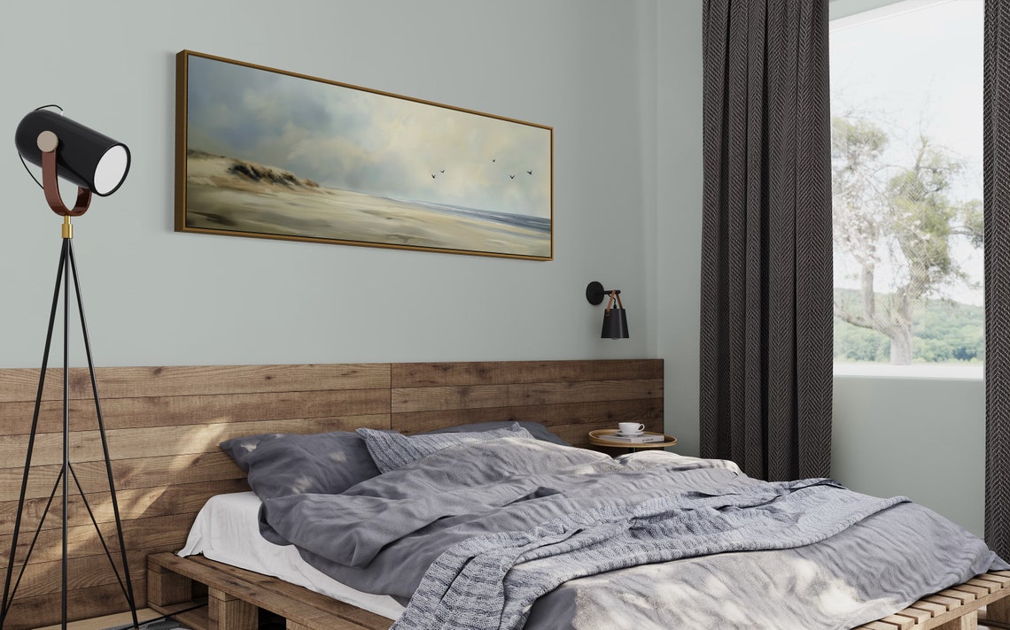 Serene Misty Beach Seascape With Seagulls Panoramic Wall Art Print - Image 2