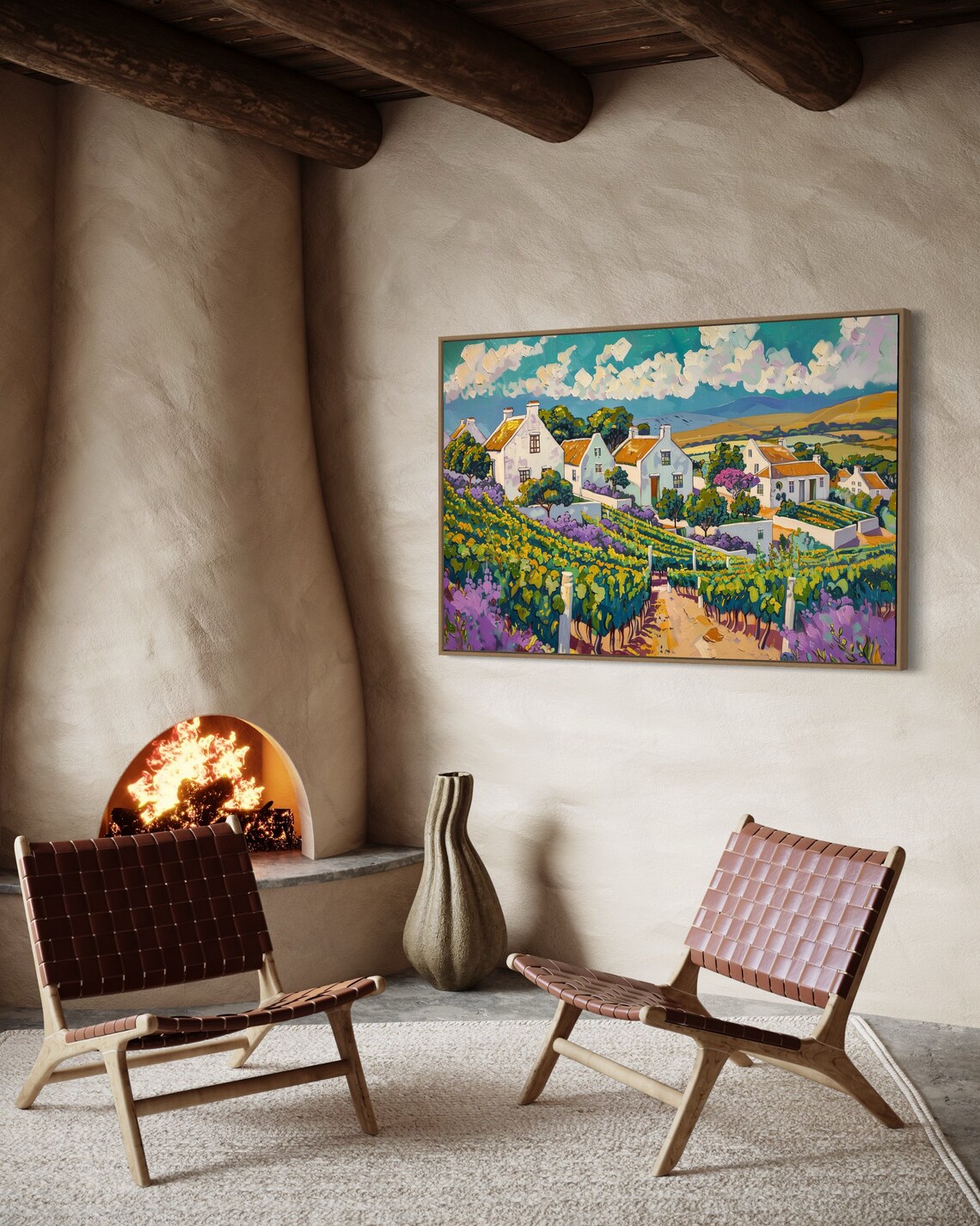 Sunny Vineyard Village White Houses Rolling Hills Colorful Landscape Poster - Image 4