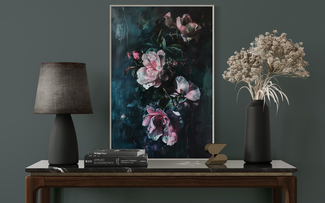 Dark Baroque Roses Pink Blooms Moody Floral Still Life Wall Art - Image 2