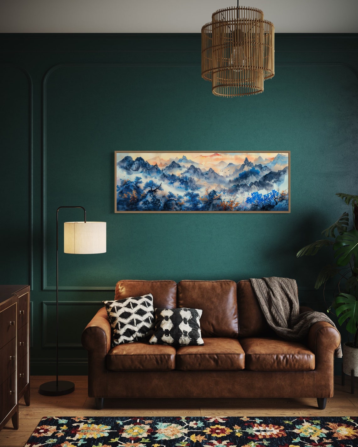 Misty Blue Mountain Peaks Sunrise Ink Wash Panoramic Wall Art - Image 3
