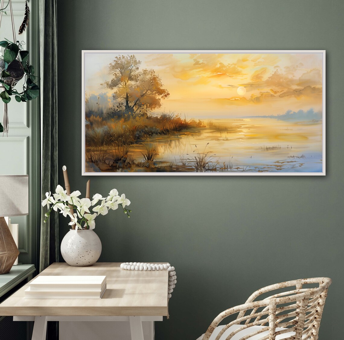 Autumn Sunrise Misty Lakeside Reeds Golden Watercolor Art Poster - Image 3
