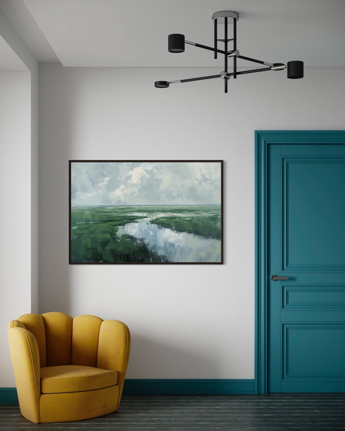 Rainy Meadow River Nostalgic Countryside Muted Greens Nature Poster - Image 5