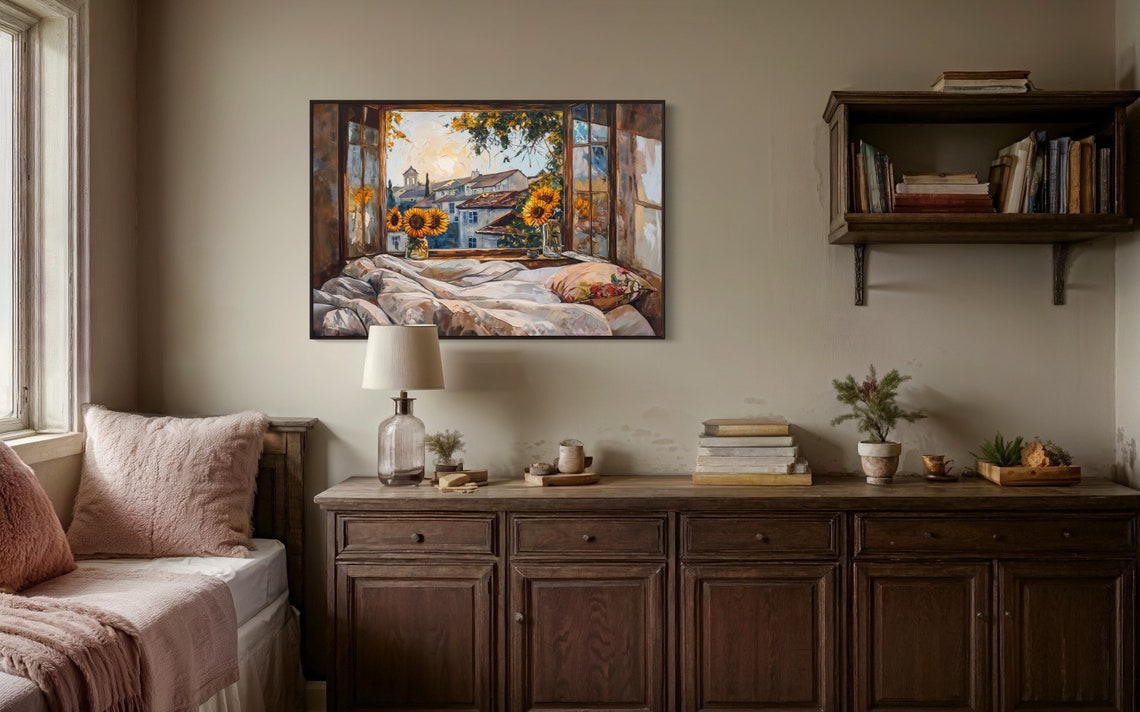 Sunflowers on Windowsill Overlooking Old Village Rooftops View Poster - Image 4