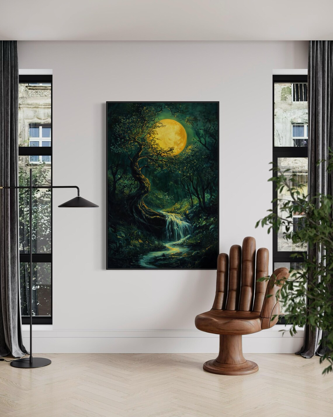 Enchanted Moonlit Forest Wall Art Mystical Full Moon Print With Waterfall Atmospheric Gothic Forest Art And Calming Night Sky Art - Image 2