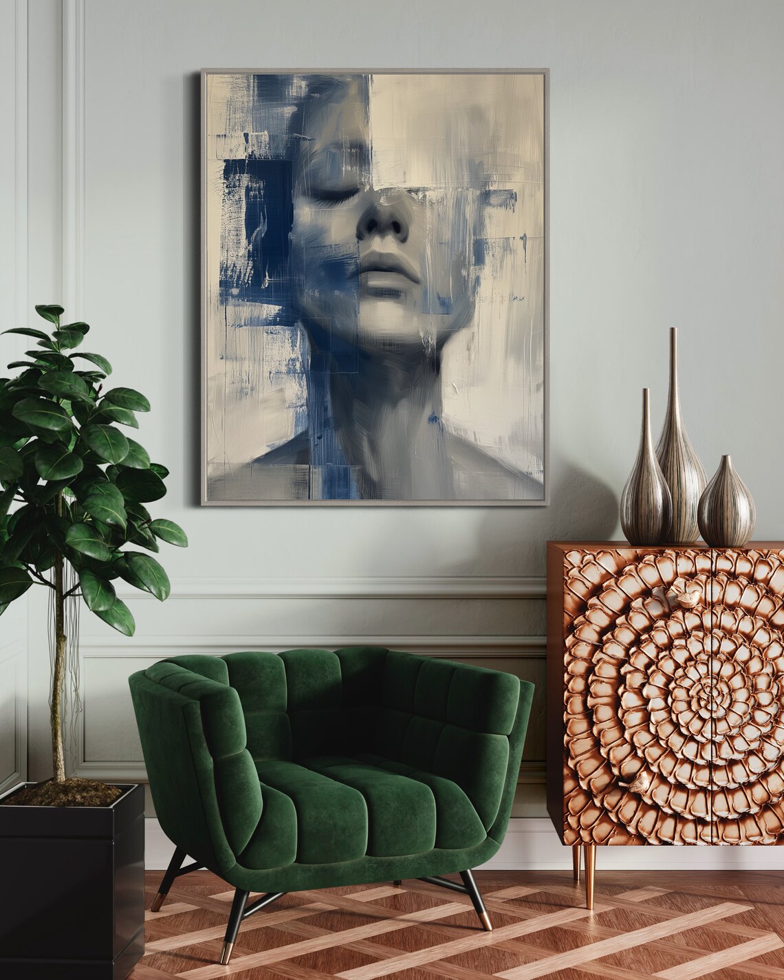 Abstract Blue Female Face Portrait Moody Modern Wall Art Print - Image 3