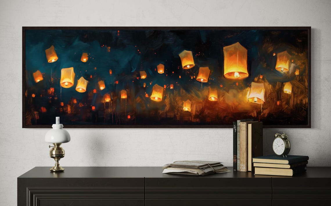Abstract Floating Lanterns In Night Sky Enchanting Panoramic Print For Above Bed Decor Perfect Long Narrow Wall Art - Image 5