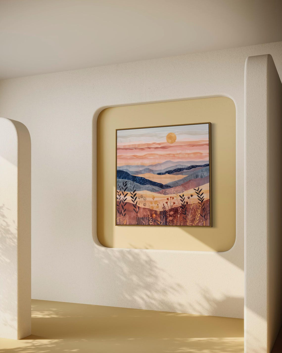 Boho Sunrise Over Rolling Hills Vibrant Mountain Print For Luxury Home Decor Minimalist Boho Wall Art Square Painting Print - Image 2