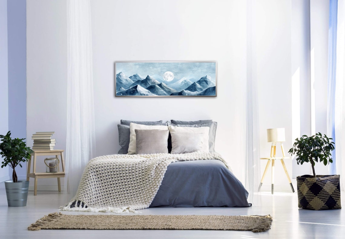 Geometric Mountains Panorama Modern Abstract Nature Art For Above Bed Decor Snowy Mountain Art And Moonlight Painting Print - Image 2