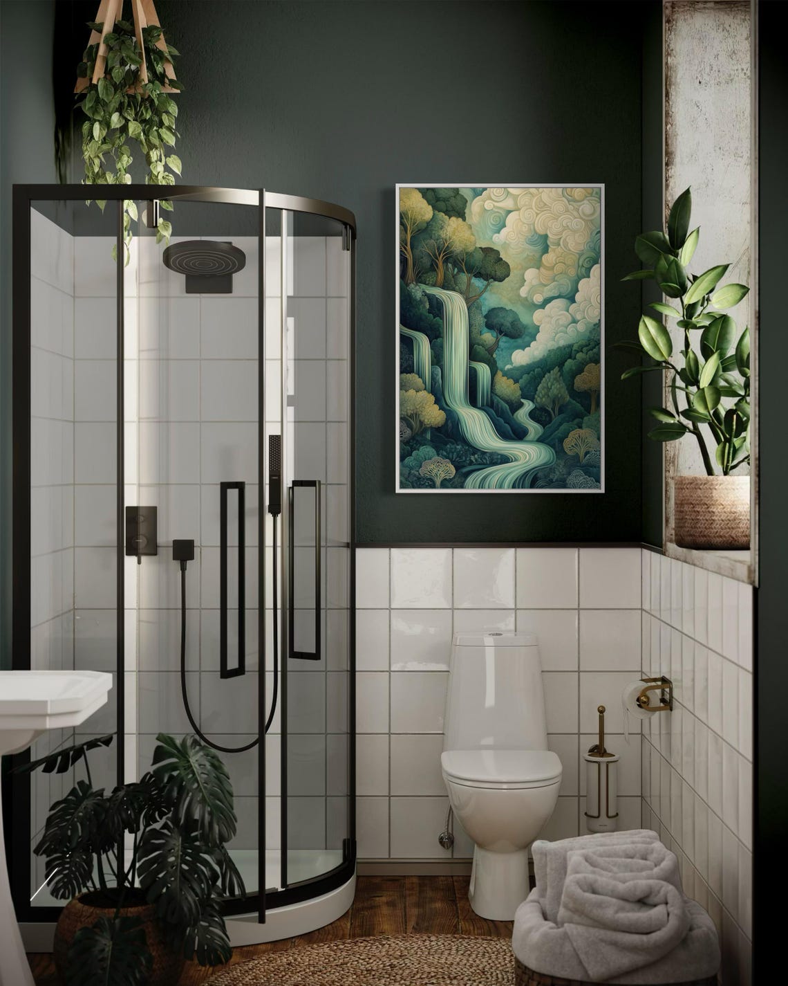 Dreamy Teal Waterfall Enchanted Forest Whimsical Nature Wall Poster - Image 2