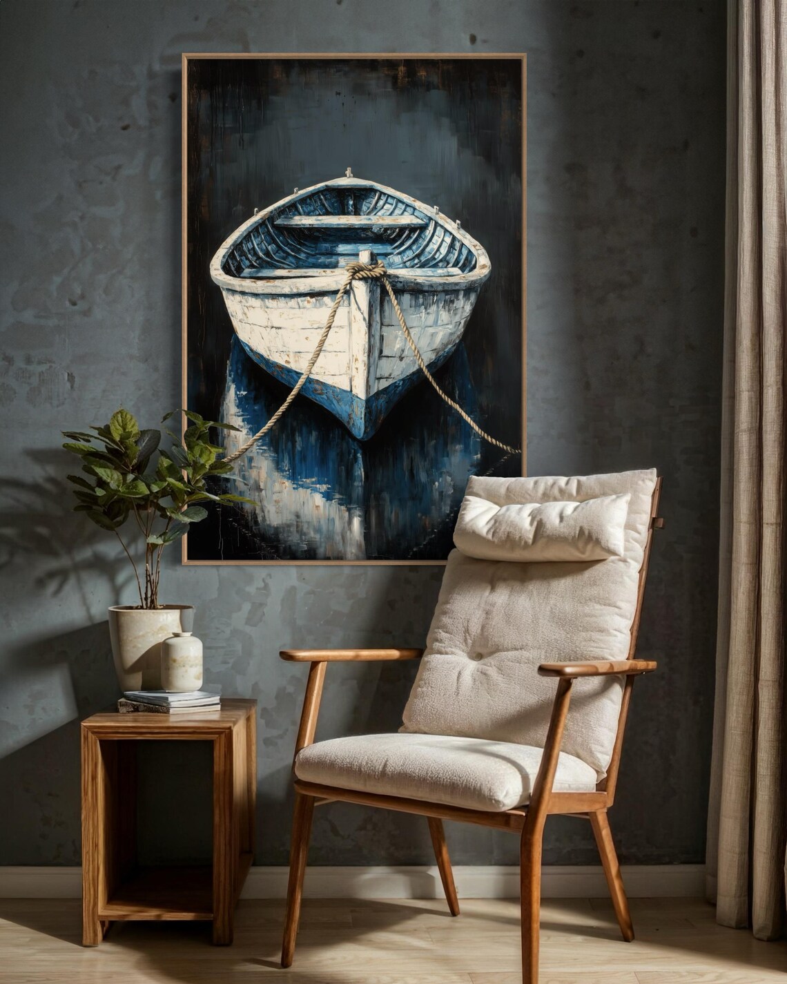 Weathered White Wooden Rowboat Moody Nautical Painting Coastal Poster - Image 5