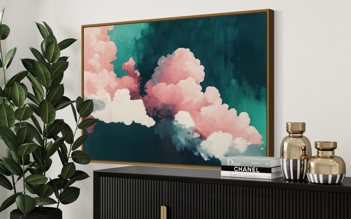 Pink White Clouds Teal Sky Dreamy Abstract Cloud Painting Wall Poster - Image 4