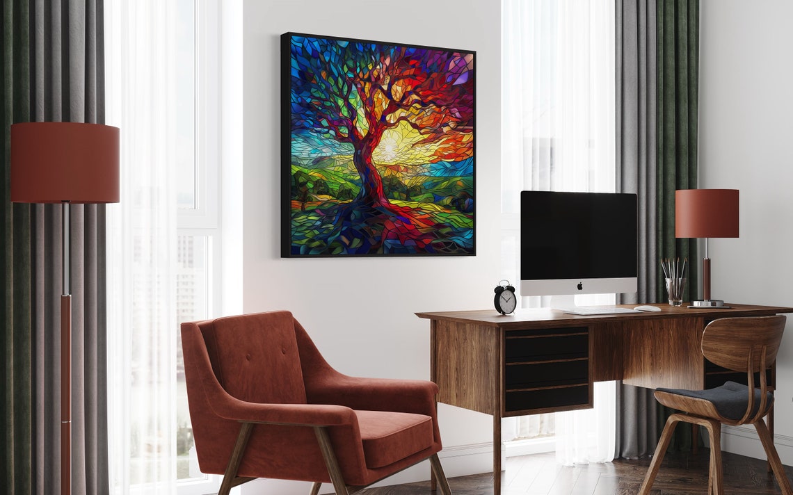 Rainbow Stained Glass Tree Of Life Mosaic With Bright Sun Print - Image 5