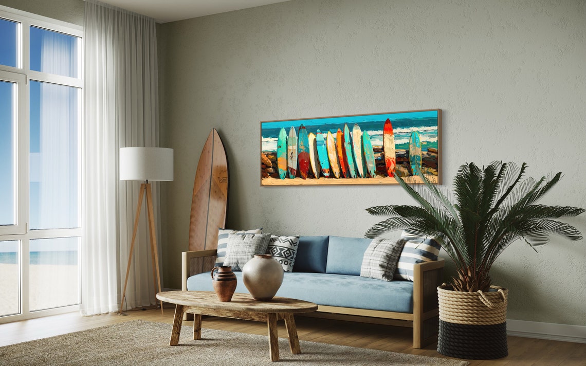Panoramic Surfboard Wall Art Coastal Beach House Decor Narrow Seascape Painting Print Rustic Above Bed Decor Horizontal Surfboard Decor - Image 3