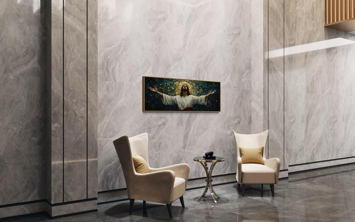 Jesus Christ Open Arms Mosaic Divine Golden Light Spiritual Faith Panoramic Print - Image 5