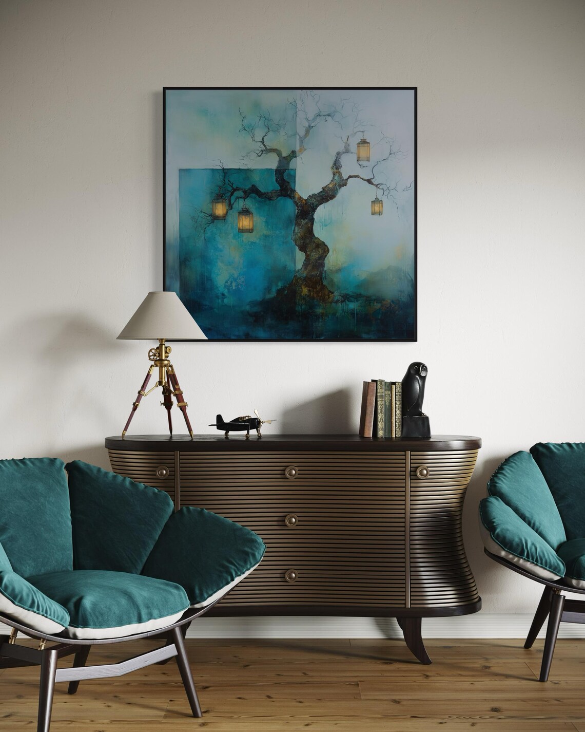 Mystical Lantern Tree Wall Art Abstract Tree Print With Glowing Lights Calming Surreal Artwork For Modern Home Or Above Bed Decor - Image 4