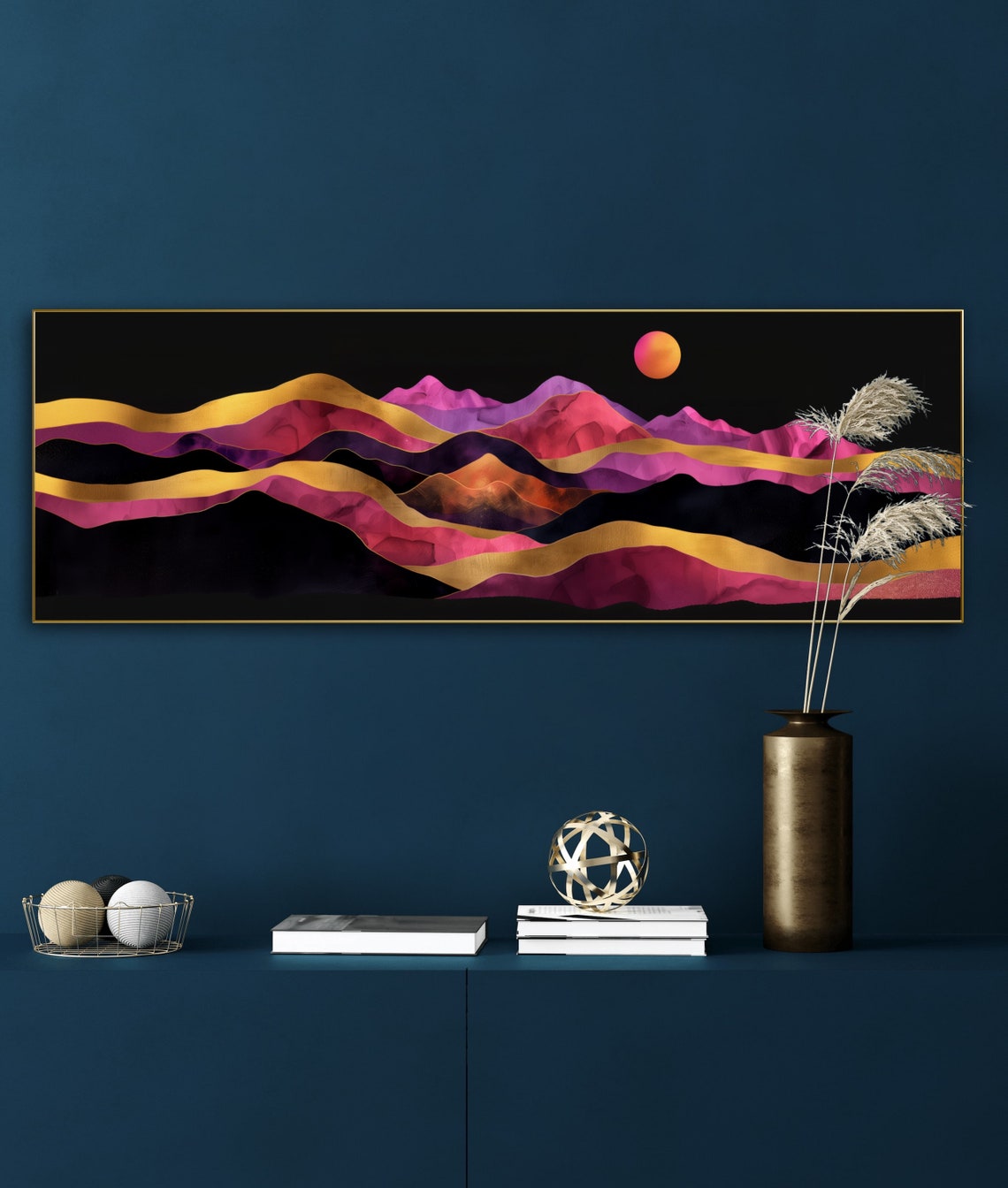 Pink Gold Abstract Layered Mountain Night Sky Panoramic Art Print - Image 5