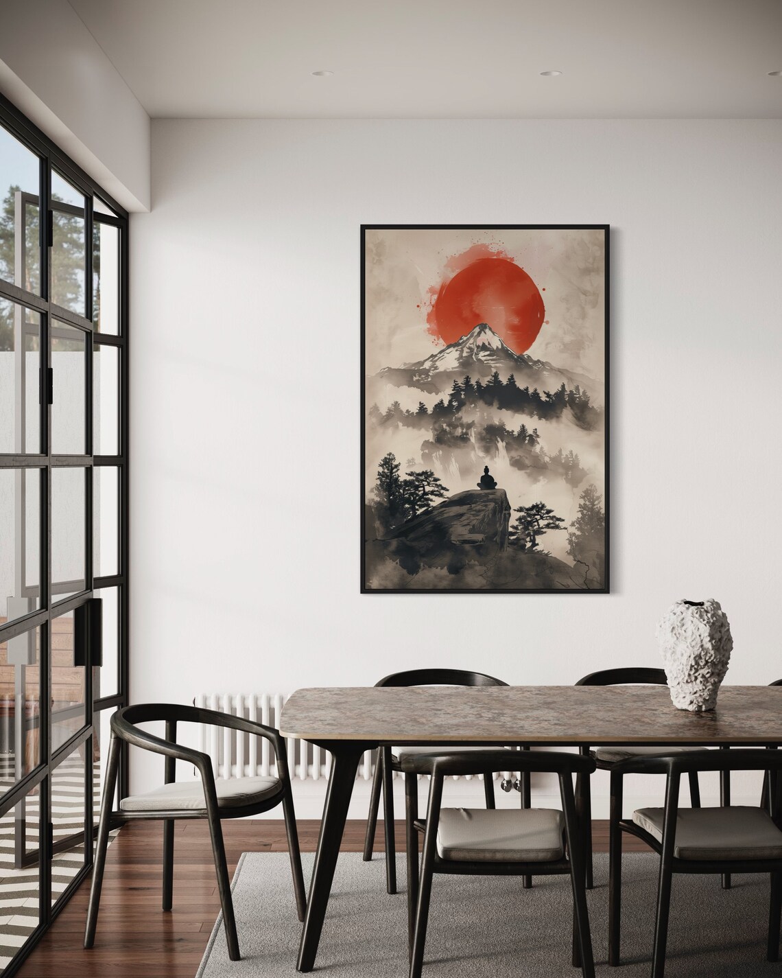 Red Sun Over Misty Mountain Ink Wash Zen Meditation Wall Art - Image 5