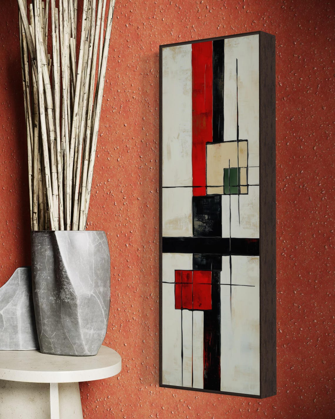 Modern Abstract Wall Art Bold Red And Black With Geometric Lines Minimalist Vertical Design For Trendy Home Or Office Decor - Image 4