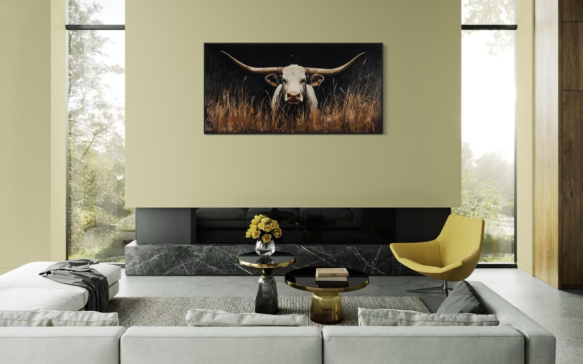 Majestic White Longhorn Dark Background Golden Grass Western Wall Art - Image 3