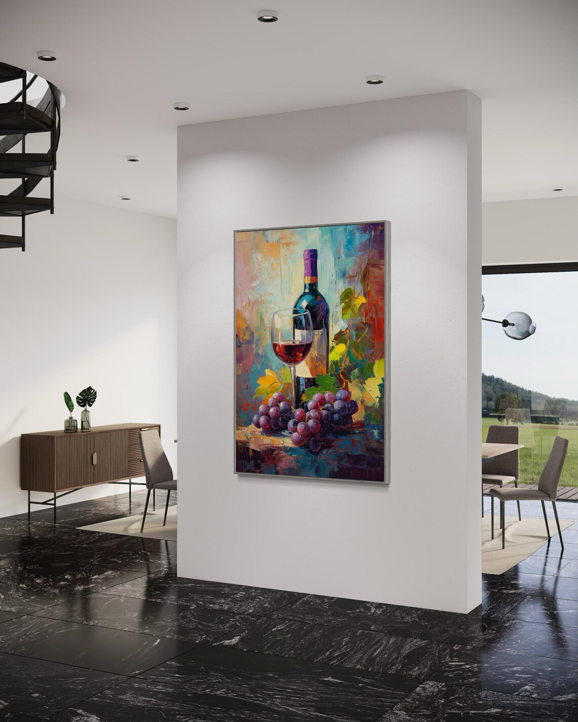 Rustic Wine Bottle Red Wine Glass Purple Grapes Still Life Vibrant Wall Poster - Image 5