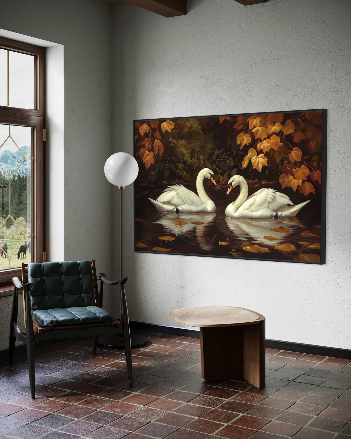 Romantic Swan Painting Print, Lake Maple Leaf Decor - Image 4