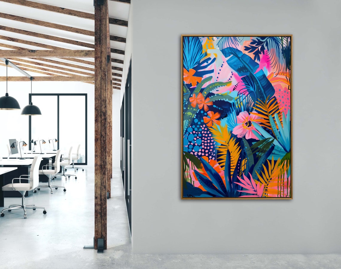 Vivid Tropical Garden Neon Palm Leaves Flowers Colorful Art Print - Image 3