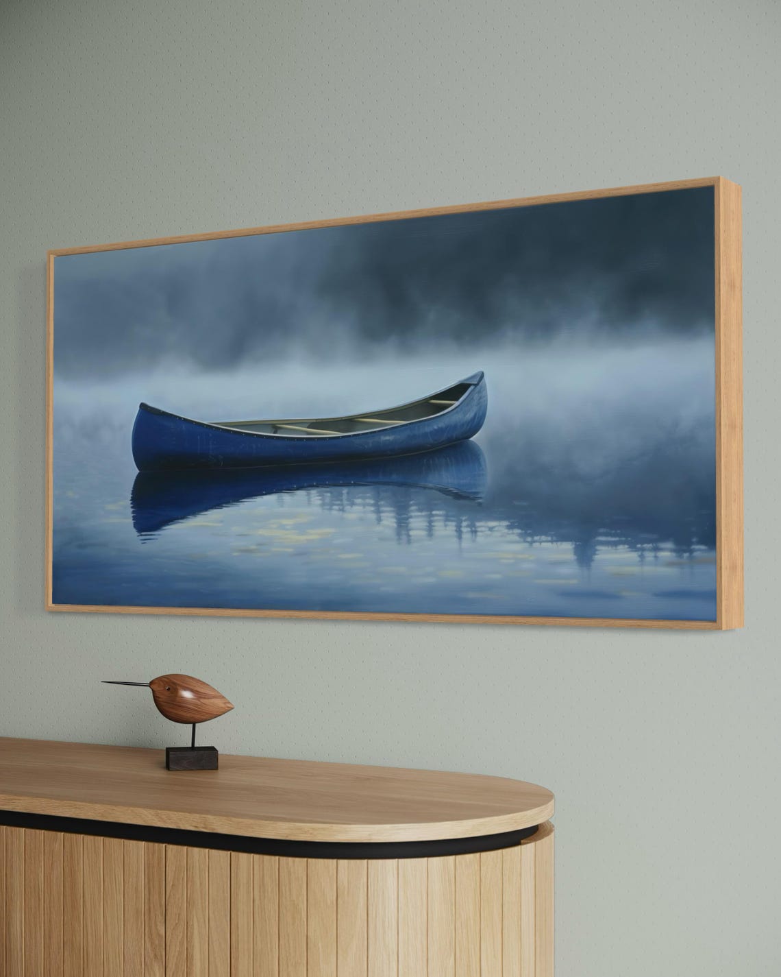 Blue Canoe on Misty Calm Lake Reflection Minimalist Art Poster - Image 2