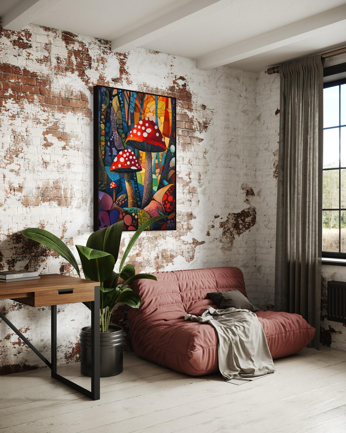 Red Mushroom Enchanted Forest Colorful Mosaic Magical Nature Wall Art - Image 2