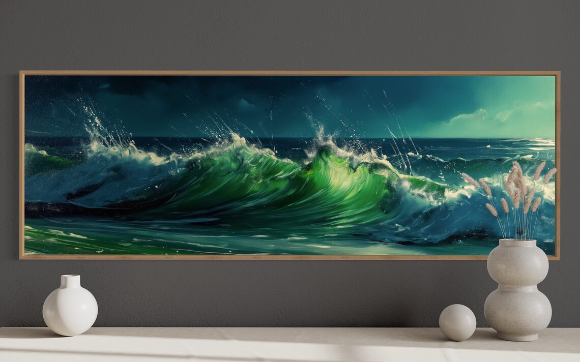 Abstract Seascape Panoramic Wall Art Modern Art Ocean Waves Print For Nautical Beach House Decor - Image 3