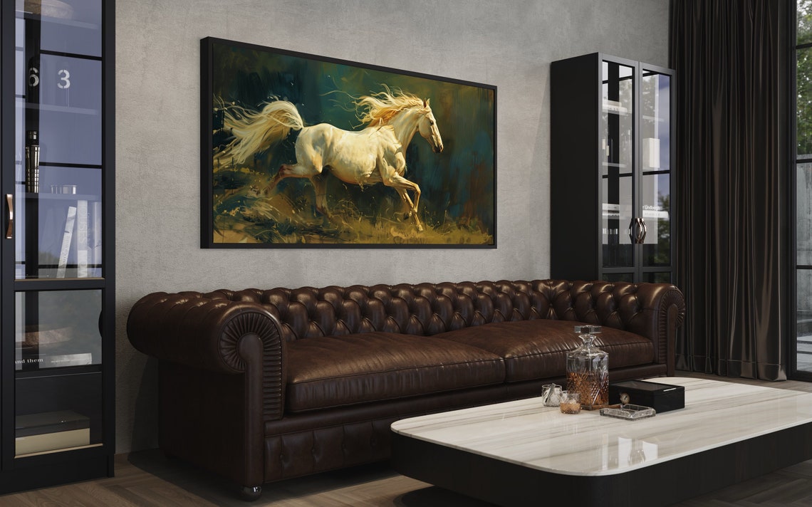 White Horse Galloping Golden Mane Equestrian Wildlife Art Poster - Image 2
