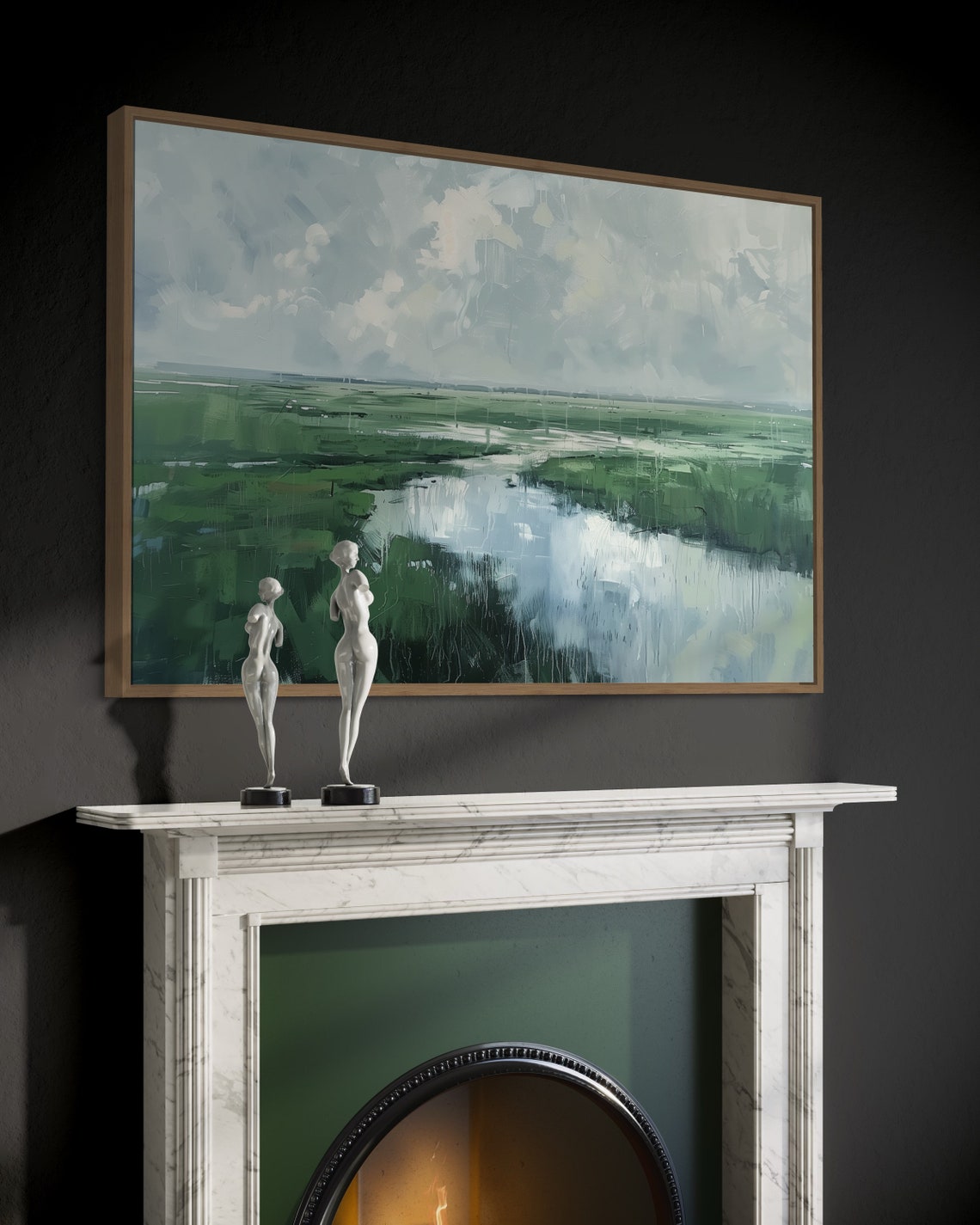 Rainy Meadow River Nostalgic Countryside Muted Greens Nature Poster - Image 3