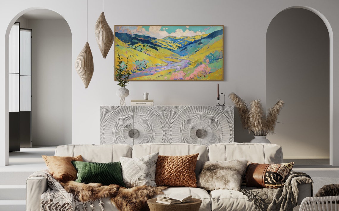 Whimsical Summer Landscape Panoramic Pastoral Landscape Print With Rustic Charm Expressive River Painting Print For Home Decore - Image 2