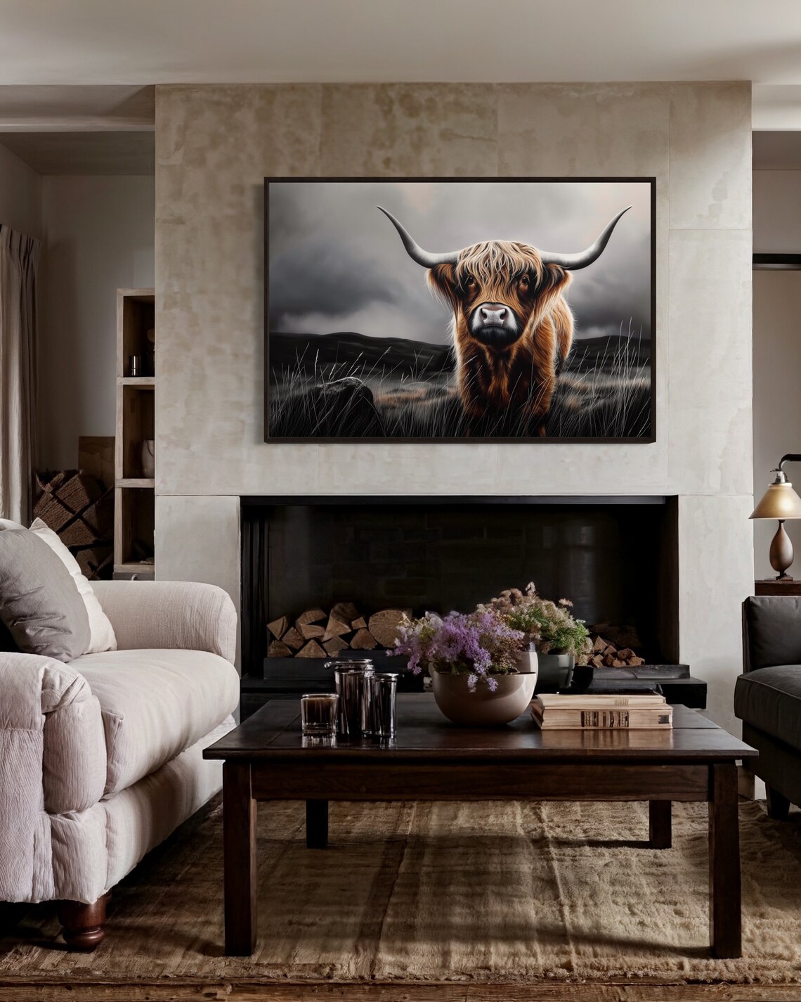 Highland Cow Portrait Stormy Gray Sky Autumn Berries Rustic Poster - Image 4