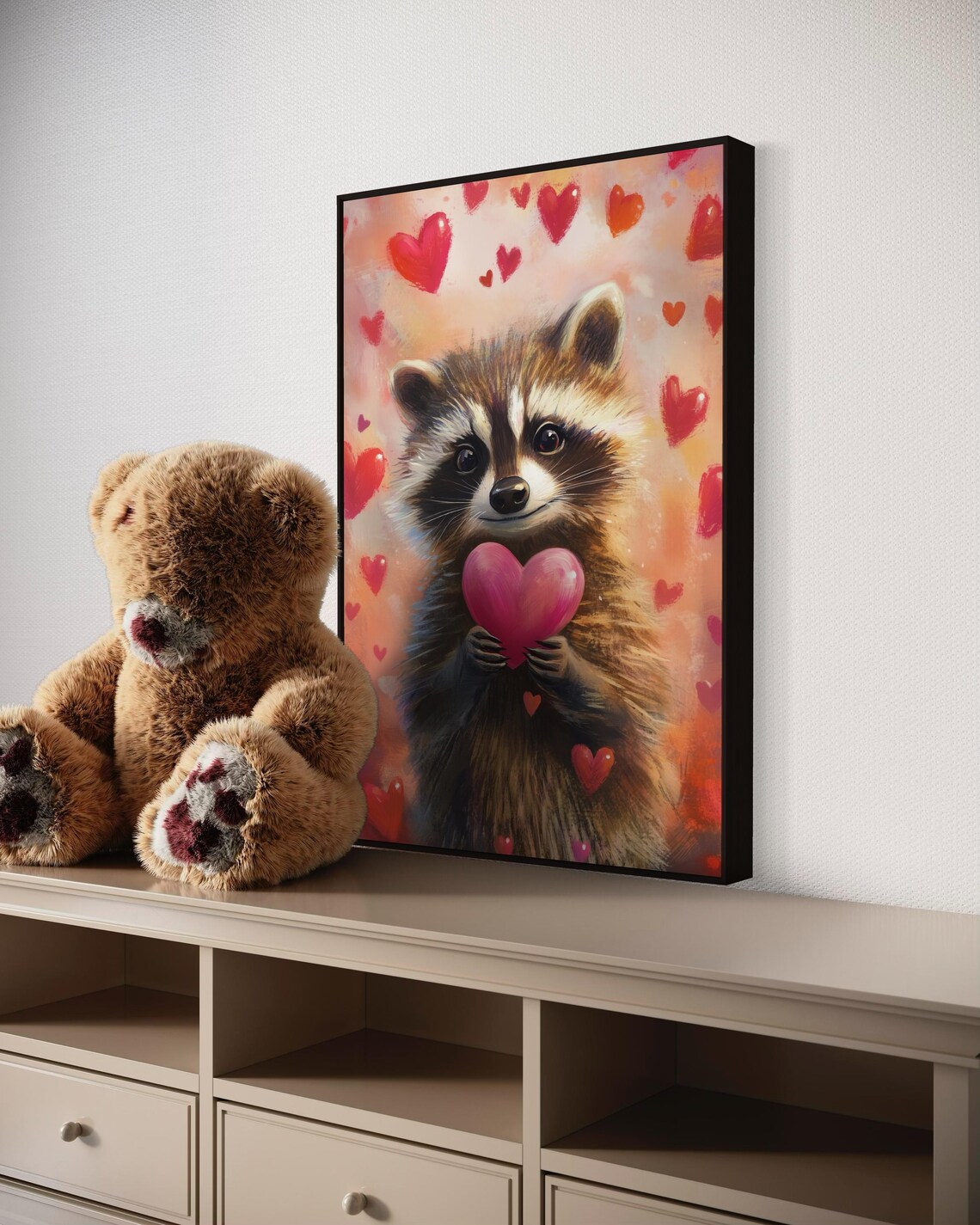 Cute Raccoon Pink Heart Red Hearts Adorable Love Whimsical Animal Wall Poster - Image 5
