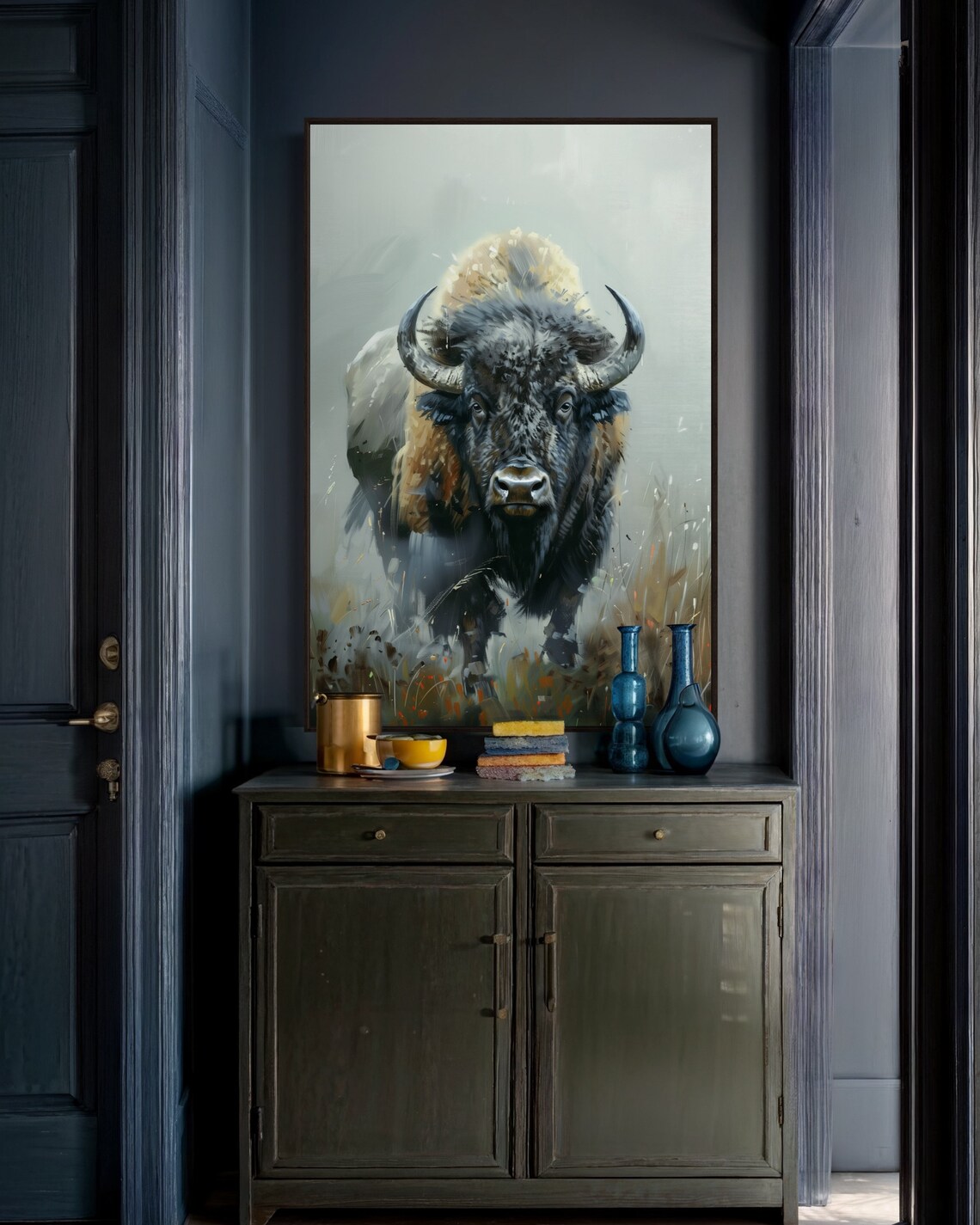 Bison Portrait Misty Grassland Realistic Buffalo Wildlife Art Print Wall Poster - Image 4