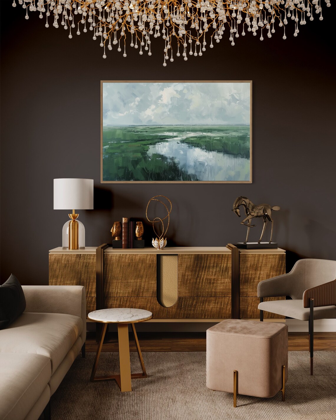 Rainy Meadow River Nostalgic Countryside Muted Greens Nature Poster - Image 2