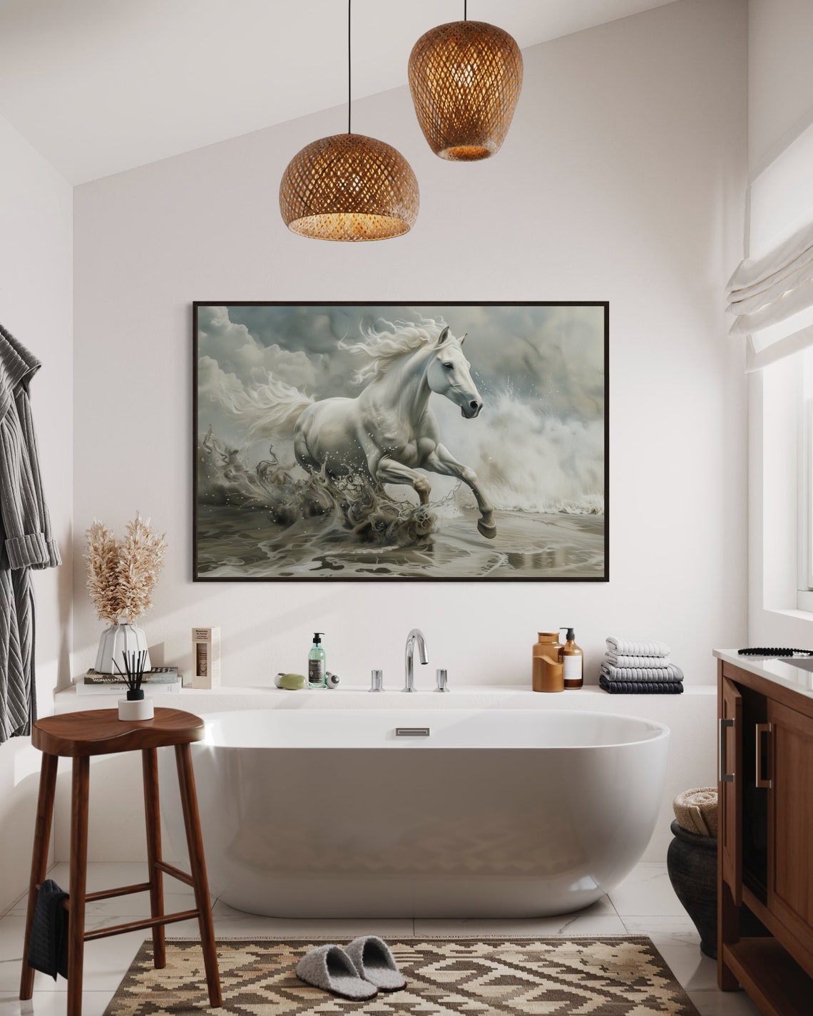 White Horse Galloping Through Ocean Waves Dramatic Sky Art Poster - Image 4