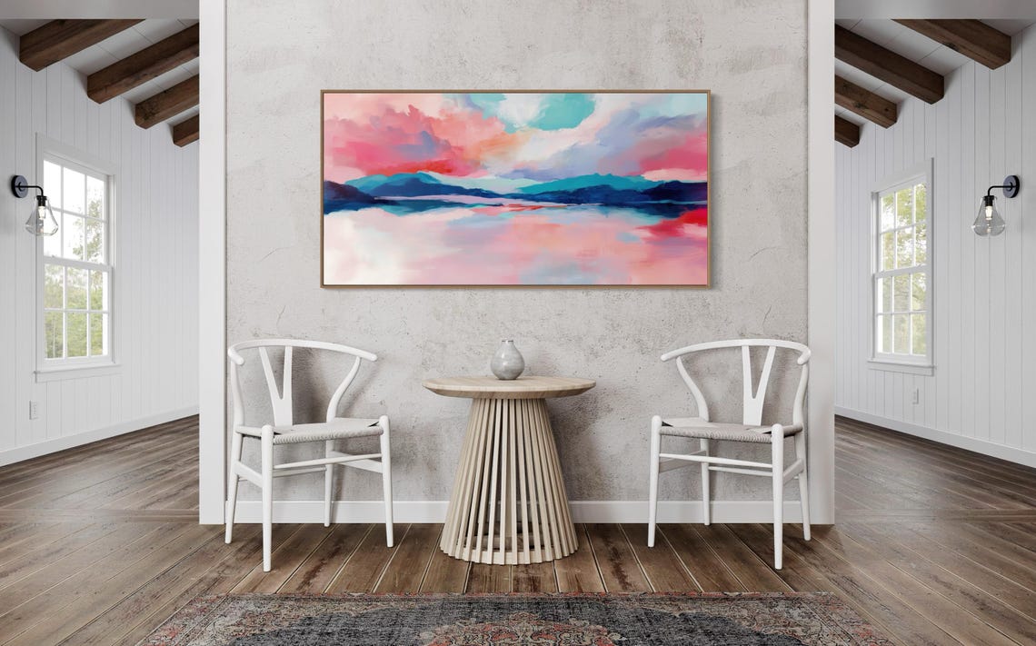 Elegant Bright Abstract Pink Blue Lake Landscape Panoramic Art Print - Image 2