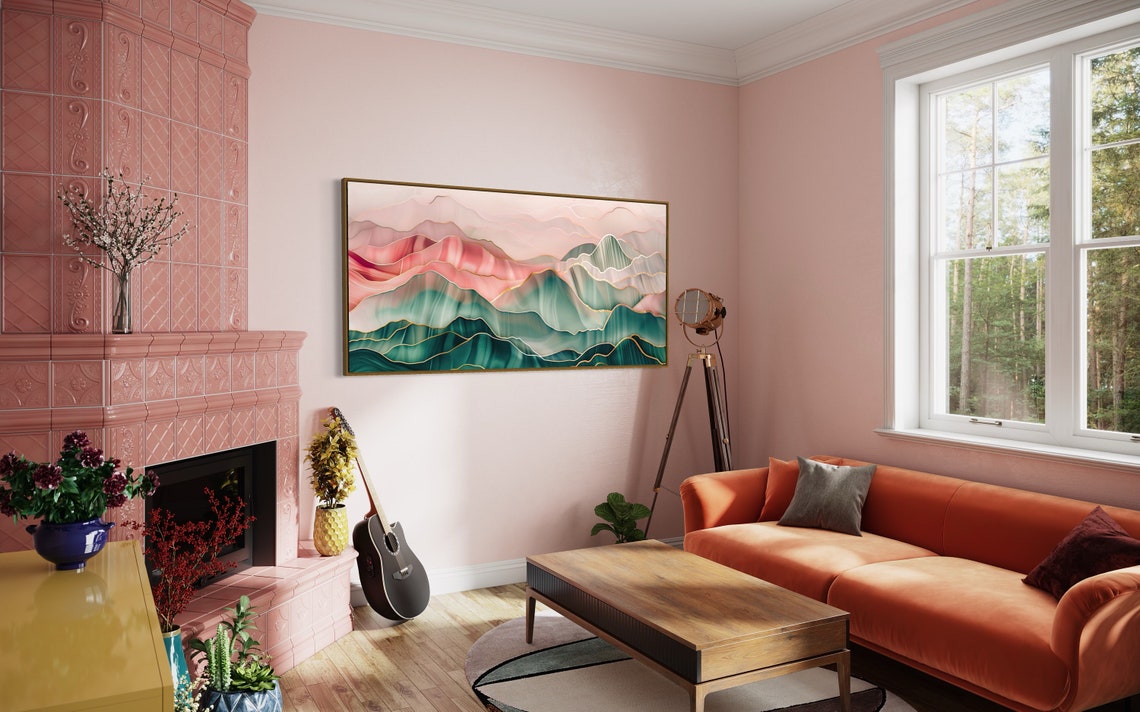 Blush Pink Emerald Abstract Layered Mountains Panoramic Art Print - Image 3