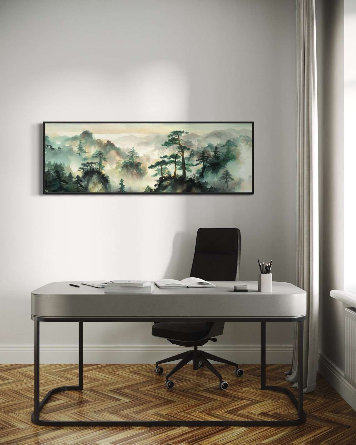 Misty Pine Mountain Forest Foggy Valleys Ink Wash Style Poster - Image 5