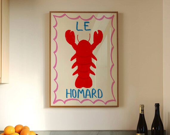 Le Homard Lobster Food Print Seafood Art French Food Poster Colourful Kitchen Wall Art Dining Room Poster Hand Drawn Food Illustration
