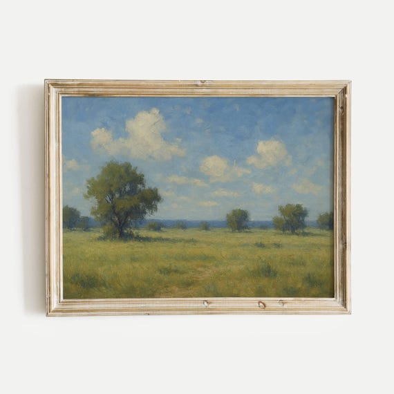Grassland With Trees Under Blue Sky Oil Painting Print Vintage Nature Wall Art Home Office Living Room Bedroom Decor