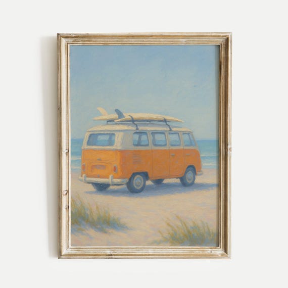 Orange Surf Van Oil Painting Print Vintage Wall Art Home And Office Living Room Bedroom Nursery Decor